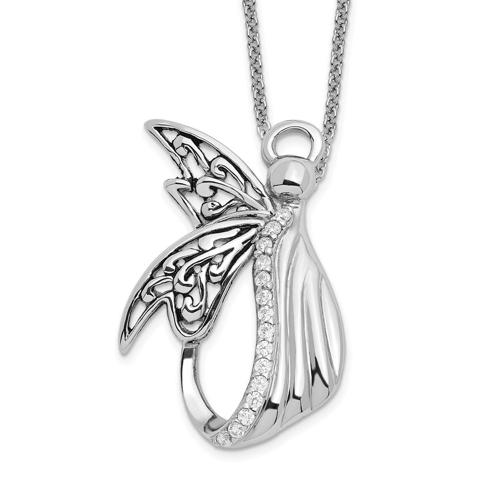 Sentimental Expressions Sterling Silver Rhodium-plated CZ Antiqued Angel of Perseverance 18in Necklace QSX157