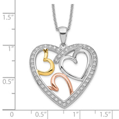 Sentimental Expressions Sterling Silver Rhodium Rose and Gold-plated CZ The Bond of Love Heart 18 inch Necklace with Poem Card QSX245