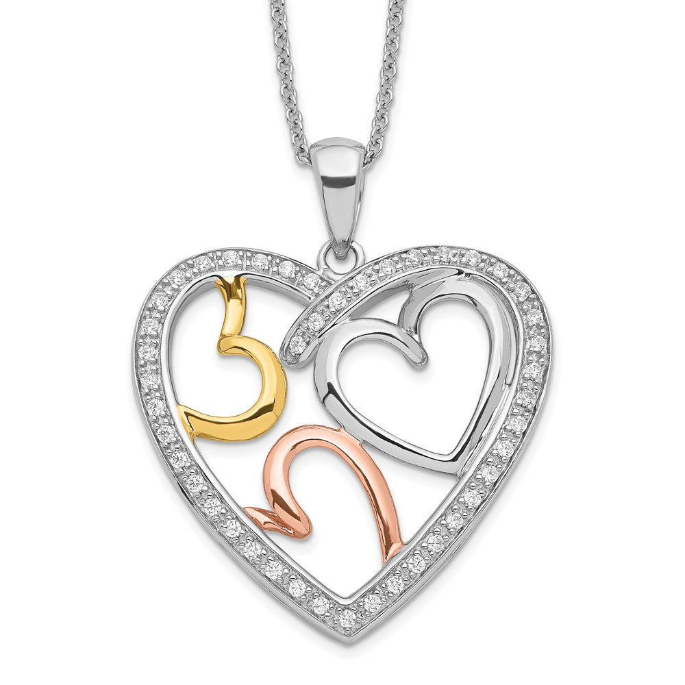 Sentimental Expressions Sterling Silver Rhodium Rose and Gold-plated CZ The Bond of Love Heart 18 inch Necklace with Poem Card QSX245