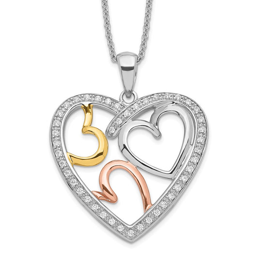 Sentimental Expressions Sterling Silver Rhodium Rose and Gold-plated CZ The Bond of Love Heart 18 inch Necklace with Poem Card QSX245