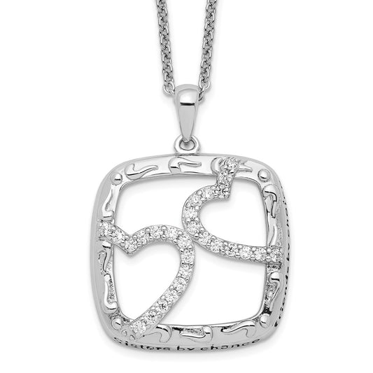 Sentimental Expressions Sterling Silver Rhodium-plated Antiqued CZ Sisters By Chance 18in Hearts Necklace QSX440