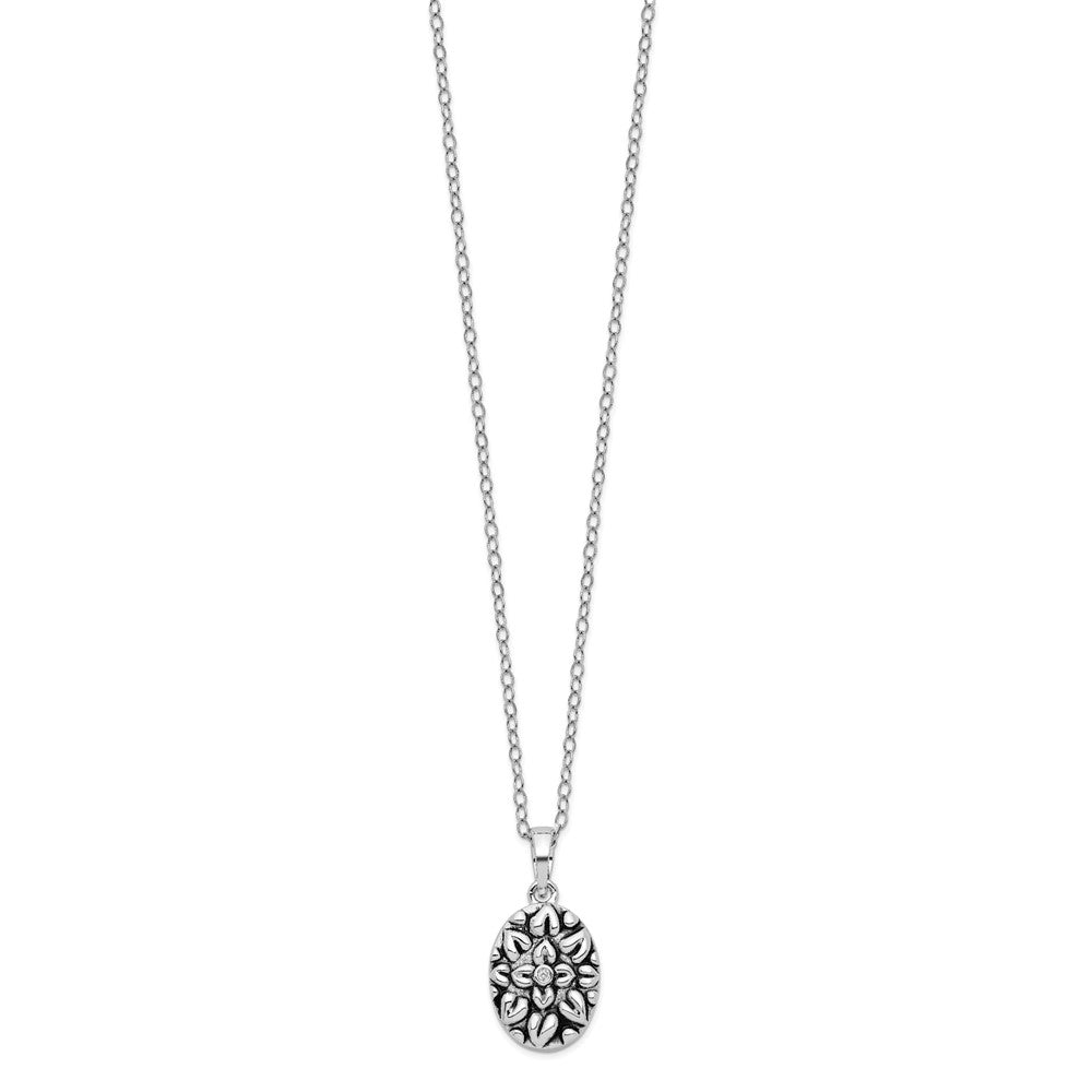 Sentimental Expressions Sterling Silver Rhodium-plated CZ Antiqued Flower Ash Holder 18 Inch Necklace QSX534