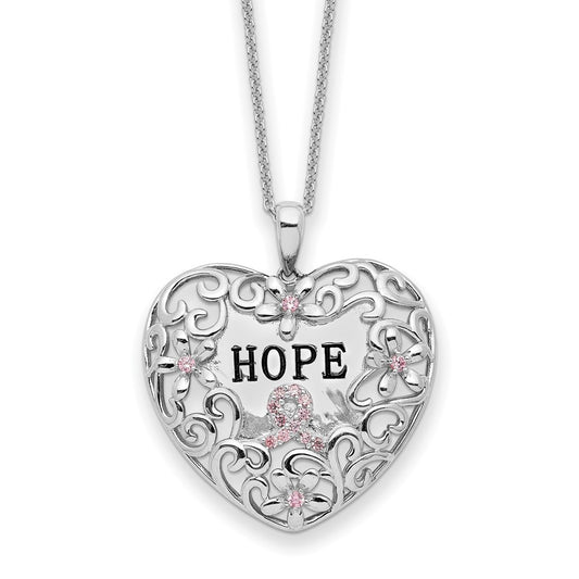 Sentimental Expressions Sterling Silver Rhodium-plated Pink CZ Breast Cancer Heart 18in Necklace QSX743