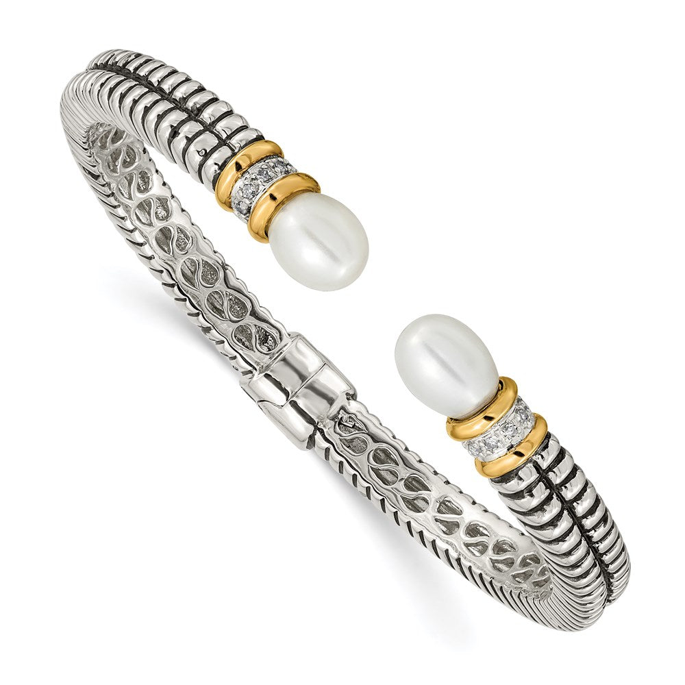 Shey Couture Sterling Silver with 14K Accent Antiqued 10x7.5mm Freshwater Cultured Pearl and Diamond Hinged Cuff Bracelet QTC100