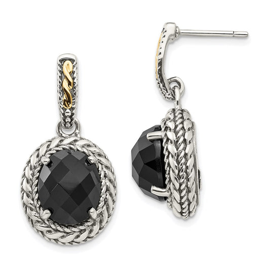 QTC1013 Shey Couture Sterling Silver with 14K Accent Antiqued Checkerboard-cut Black Onyx Post Dangle Earrings