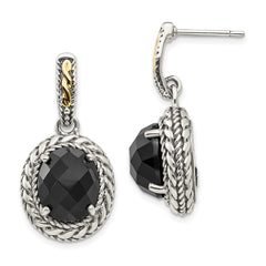 QTC1013 Shey Couture Sterling Silver with 14K Accent Antiqued Checkerboard-cut Black Onyx Post Dangle Earrings