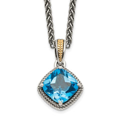 Shey Couture Sterling Silver with 14K Accent 18 Inch Antiqued Cushion Blue Topaz Necklace QTC1044