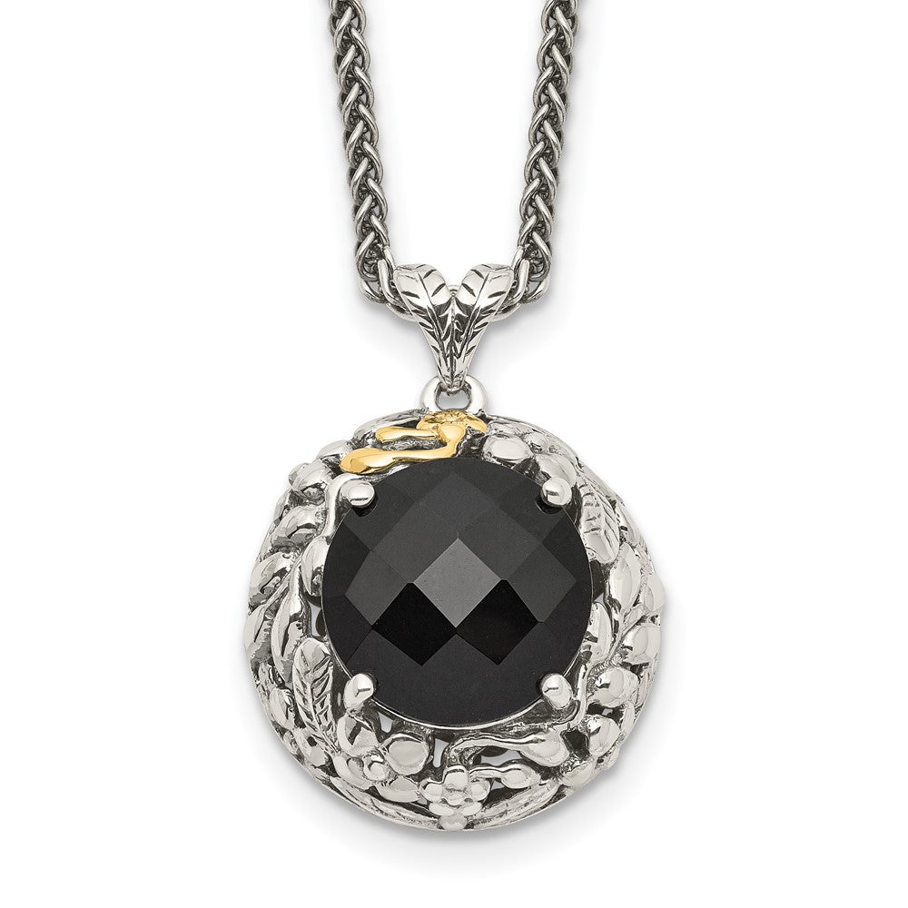 Shey Couture Sterling Silver with 14K Accent 18 Inch Antiqued Checkerboard-cut Black Onyx Necklace QTC1054