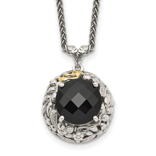 Shey Couture Sterling Silver with 14K Accent 18 Inch Antiqued Checkerboard-cut Black Onyx Necklace QTC1054