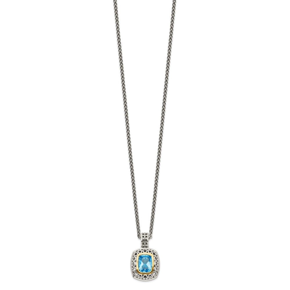 Shey Couture Sterling Silver with 14K Accent 18 Inch Antiqued Cushion Bezel Light Swiss Blue Topaz Necklace QTC1060