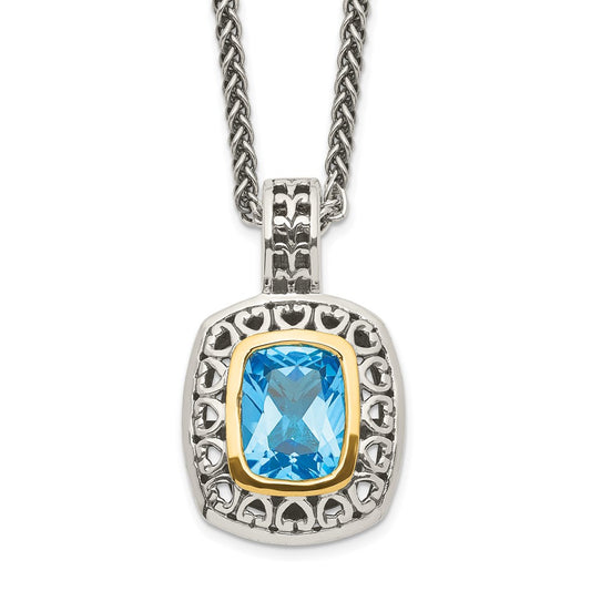 Shey Couture Sterling Silver with 14K Accent 18 Inch Antiqued Cushion Bezel Light Swiss Blue Topaz Necklace QTC1060