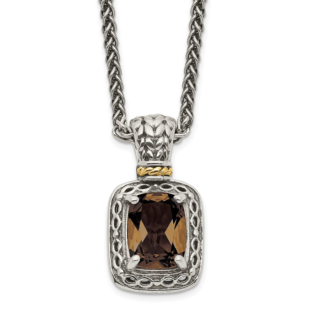 Shey Couture Sterling Silver with 14K Accent 18 Inch Antiqued Cushion Checkerboard Smoky Quartz Necklace QTC1067