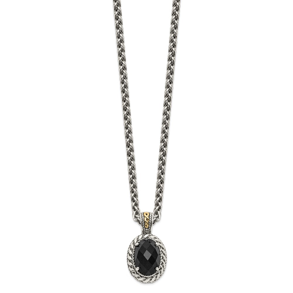 Shey Couture Sterling Silver with 14K Accent 18 Inch Antiqued Checkerboard-cut Black Onyx Necklace QTC1091