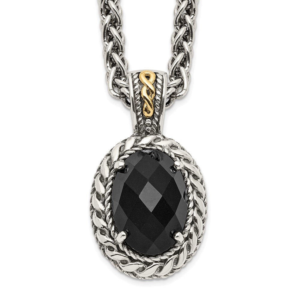 Shey Couture Sterling Silver with 14K Accent 18 Inch Antiqued Checkerboard-cut Black Onyx Necklace QTC1091
