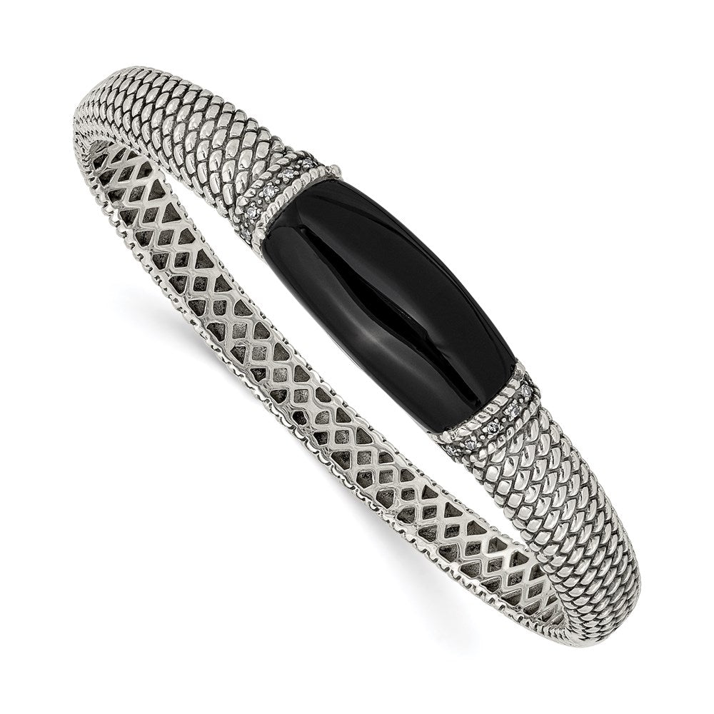 Shey Couture Sterling Silver Antiqued Black Onyx and Diamond Hinged Bangle Bracelet QTC111