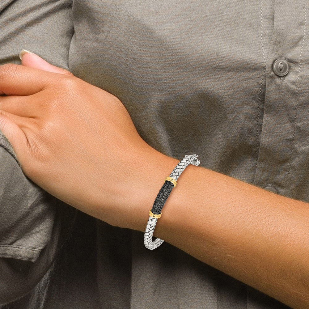 Shey Couture Sterling Silver with 14K Accent Antiqued Black Diamond Hinged Bangle Bracelet QTC1169