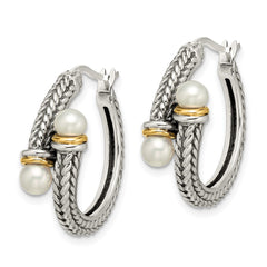 QTC1195 Shey Couture Sterling Silver with 14K Accent Antiqued 4mm Freshwater Cultured Pearl Hoop Earrings
