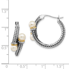 QTC1195 Shey Couture Sterling Silver with 14K Accent Antiqued 4mm Freshwater Cultured Pearl Hoop Earrings