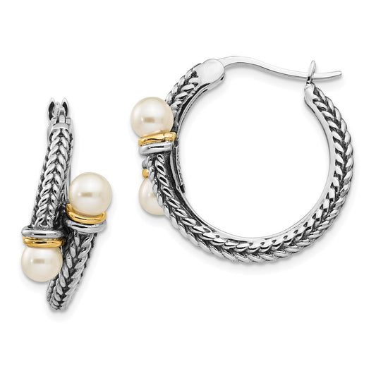QTC1195 Shey Couture Sterling Silver with 14K Accent Antiqued 4mm Freshwater Cultured Pearl Hoop Earrings