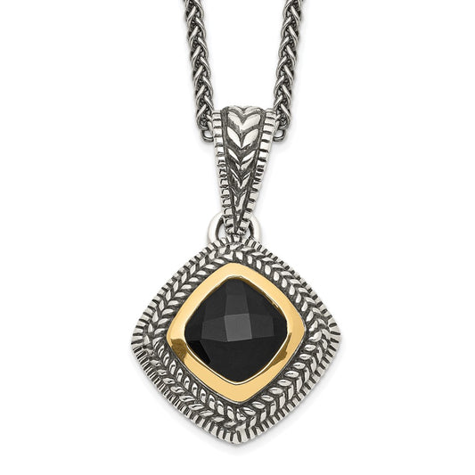 Shey Couture Sterling Silver with 14K Accent 18 Inch Antiqued Checkerboard-cut Black Onyx Necklace QTC1207