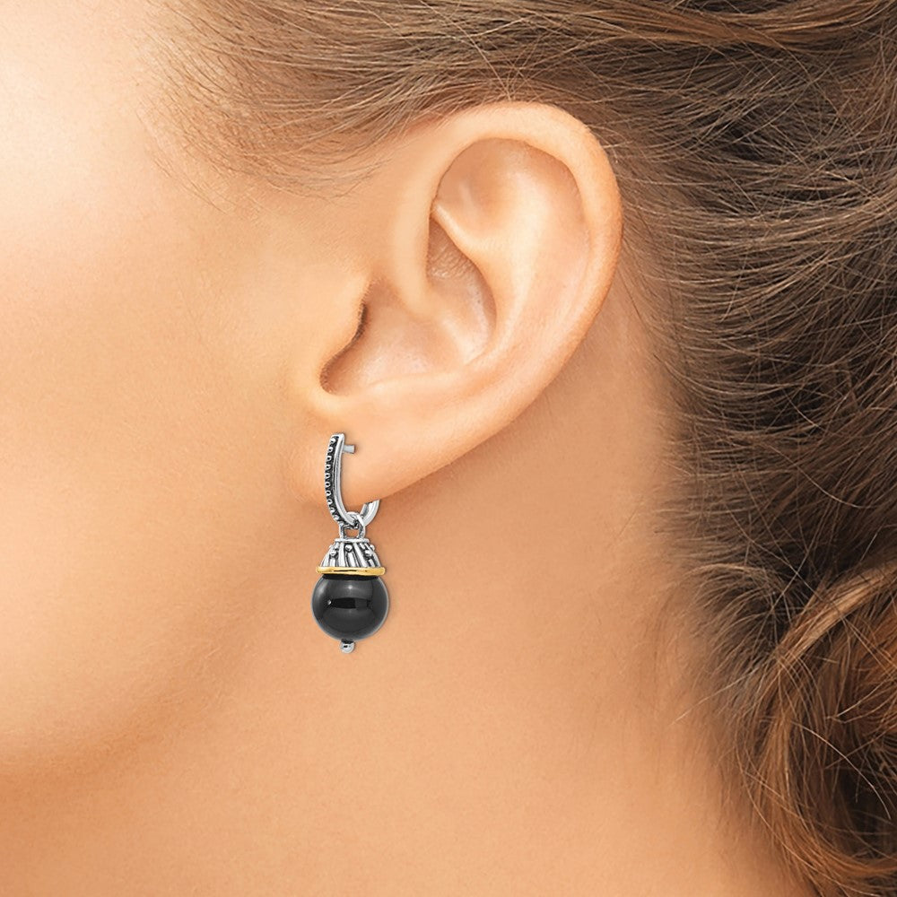 QTC1210 Shey Couture Sterling Silver with 14K Accent Antiqued Black Onyx Hinged Hoop Dangle Earrings