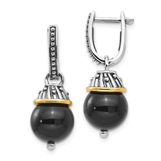 QTC1210 Shey Couture Sterling Silver with 14K Accent Antiqued Black Onyx Hinged Hoop Dangle Earrings