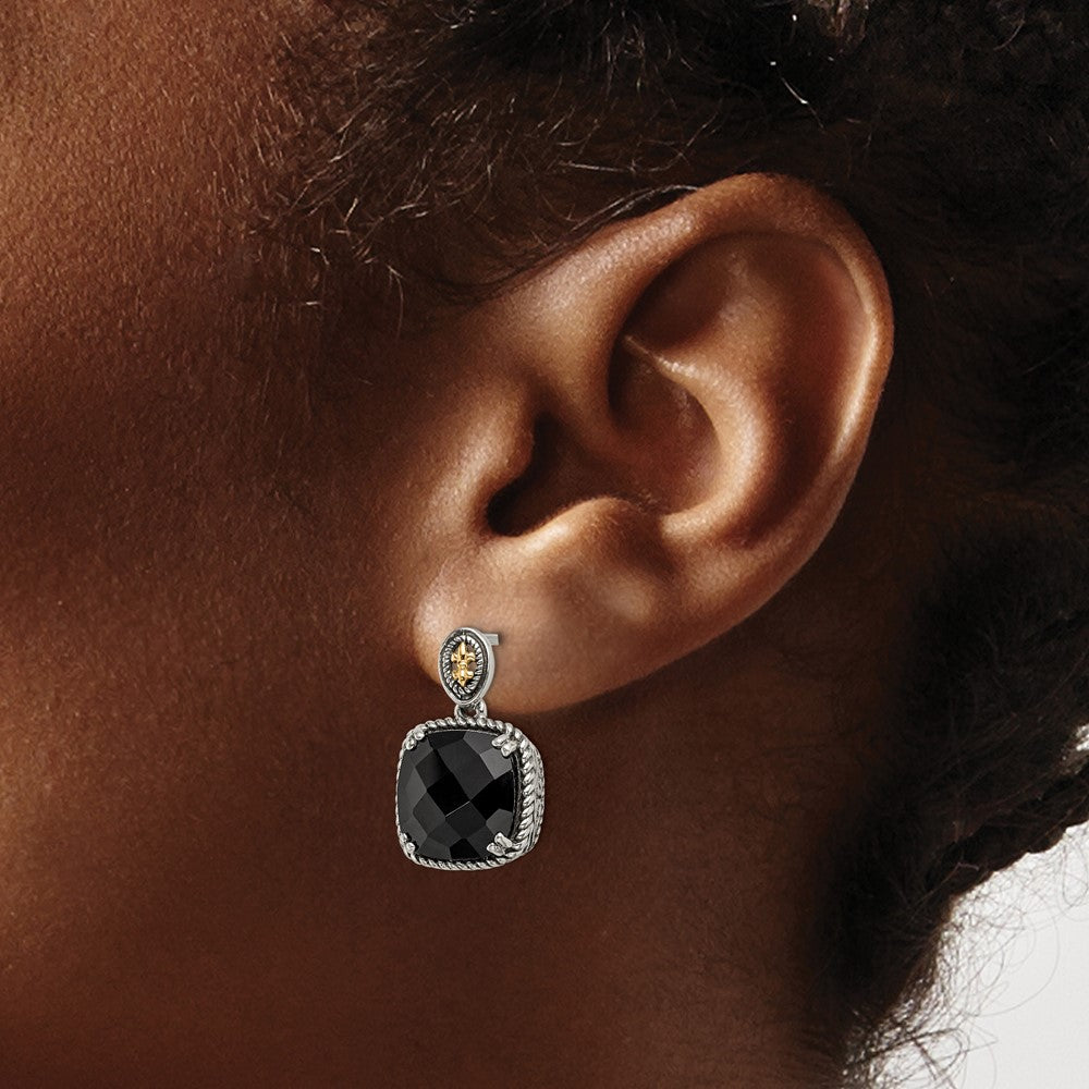 QTC1212 Shey Couture Sterling Silver with 14K Accent Antiqued Checkerboard-cut Black Onyx Dangle Post Earrings