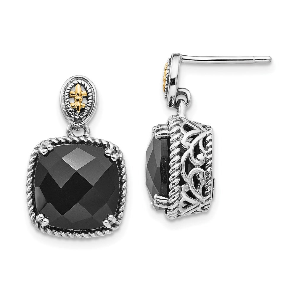 QTC1212 Shey Couture Sterling Silver with 14K Accent Antiqued Checkerboard-cut Black Onyx Dangle Post Earrings