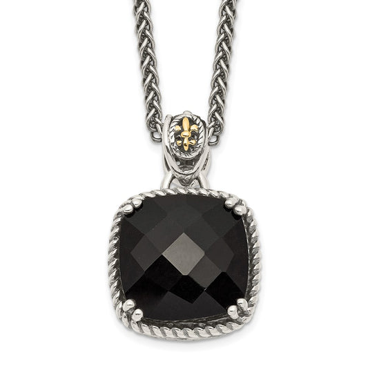 Shey Couture Sterling Silver with 14K Accent 18 Inch Antiqued Checkerboard-cut Black Onyx Necklace QTC1213