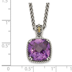 Shey Couture Sterling Silver with 14K Accent 18 Inch Antiqued Cushion Checkerboard Amethyst Necklace QTC1216