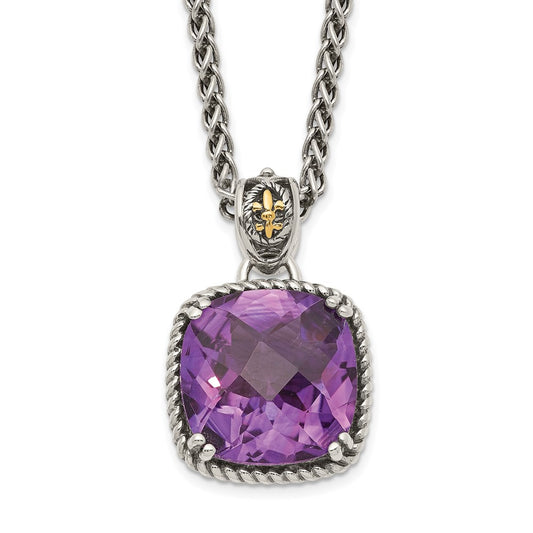 Shey Couture Sterling Silver with 14K Accent 18 Inch Antiqued Cushion Checkerboard Amethyst Necklace QTC1216