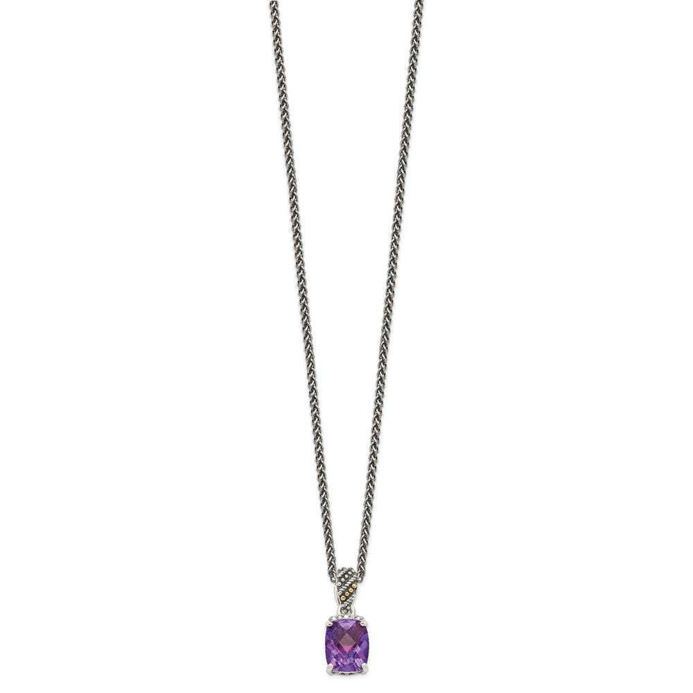 Shey Couture Sterling Silver with 14K Accent 18 Inch Antiqued Diamond and Checkerboard-cut Cushion Amethyst Necklace QTC1225