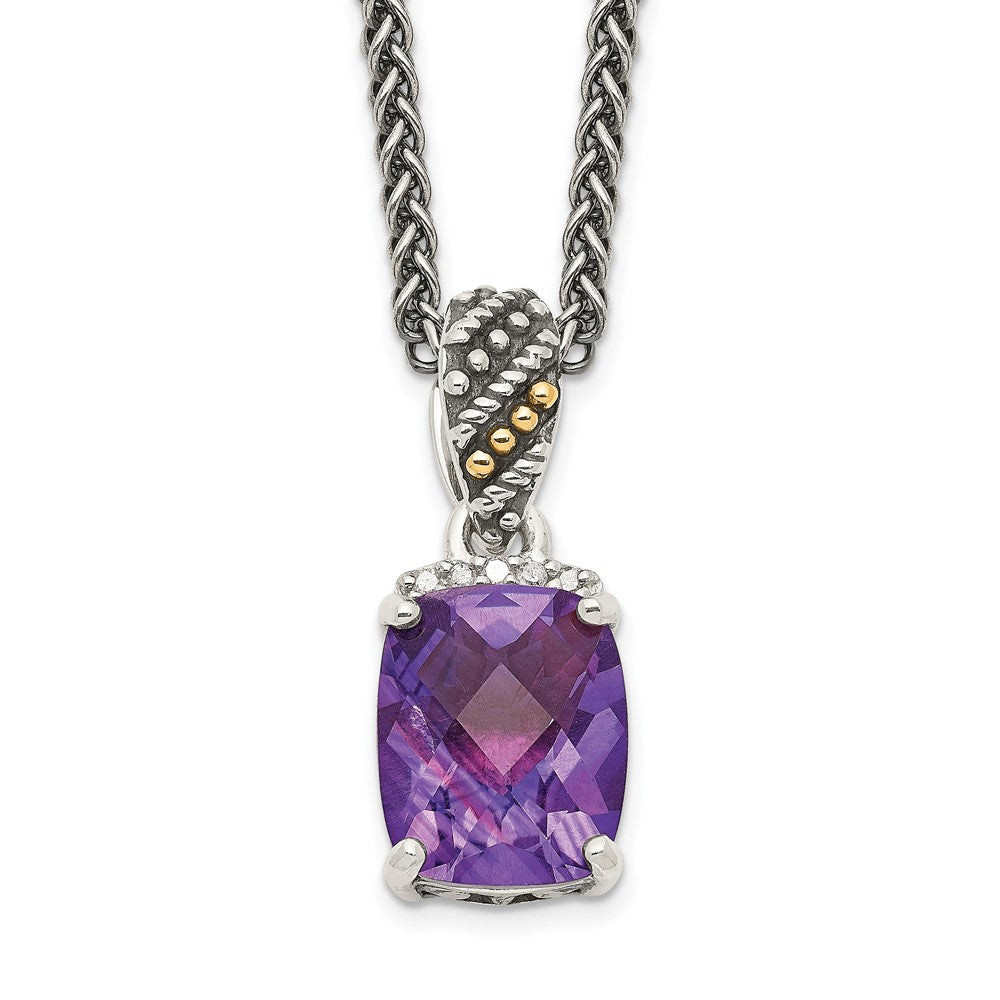 Shey Couture Sterling Silver with 14K Accent 18 Inch Antiqued Diamond and Checkerboard-cut Cushion Amethyst Necklace QTC1225