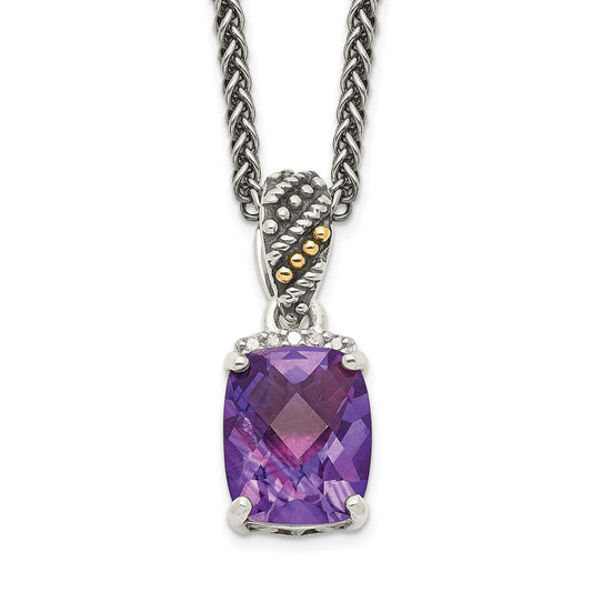 Shey Couture Sterling Silver with 14K Accent 18 Inch Antiqued Diamond and Checkerboard-cut Cushion Amethyst Necklace QTC1225