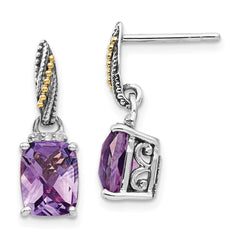 QTC1226 Shey Couture Sterling Silver with 14K Accent Antiqued Diamond and Cushion Amethyst Dangle Post Earrings