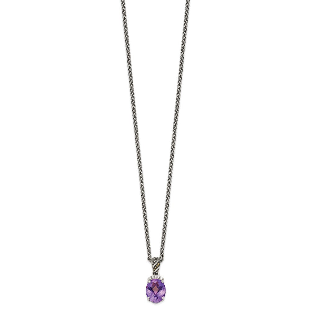 Shey Couture Sterling Silver with 14K Accent 18 Inch Antiqued Checkerboard-cut Oval Amethyst and Diamond Necklace QTC1237