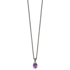 Shey Couture Sterling Silver with 14K Accent 18 Inch Antiqued Checkerboard-cut Oval Amethyst and Diamond Necklace QTC1237