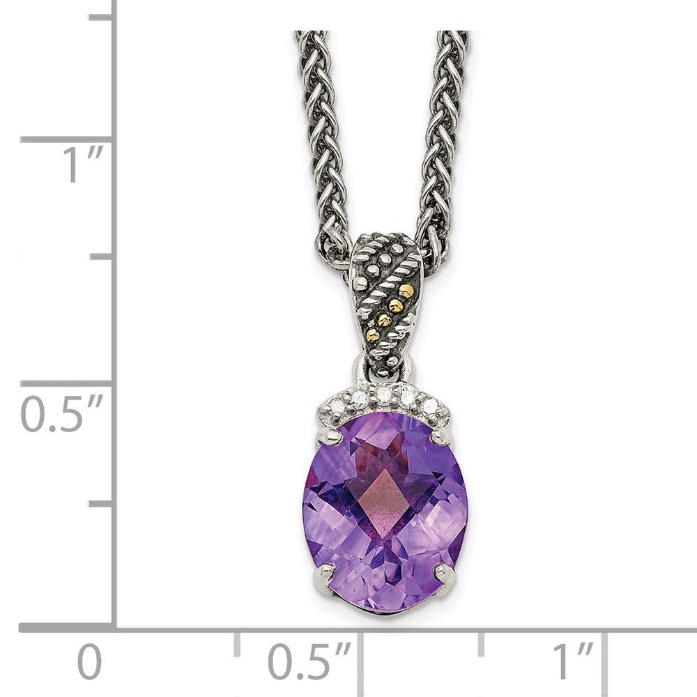 Shey Couture Sterling Silver with 14K Accent 18 Inch Antiqued Checkerboard-cut Oval Amethyst and Diamond Necklace QTC1237