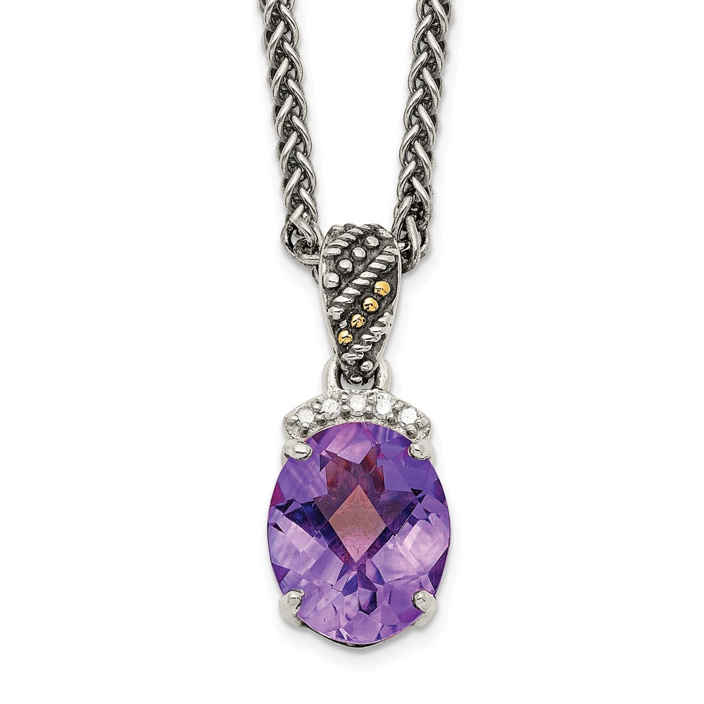 Shey Couture Sterling Silver with 14K Accent 18 Inch Antiqued Checkerboard-cut Oval Amethyst and Diamond Necklace QTC1237
