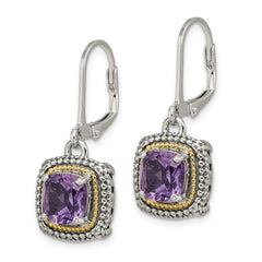 QTC1257 Shey Couture Sterling Silver with 14K Accent Antiqued Cushion Amethyst Leverback Earrings