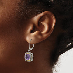 QTC1257 Shey Couture Sterling Silver with 14K Accent Antiqued Cushion Amethyst Leverback Earrings