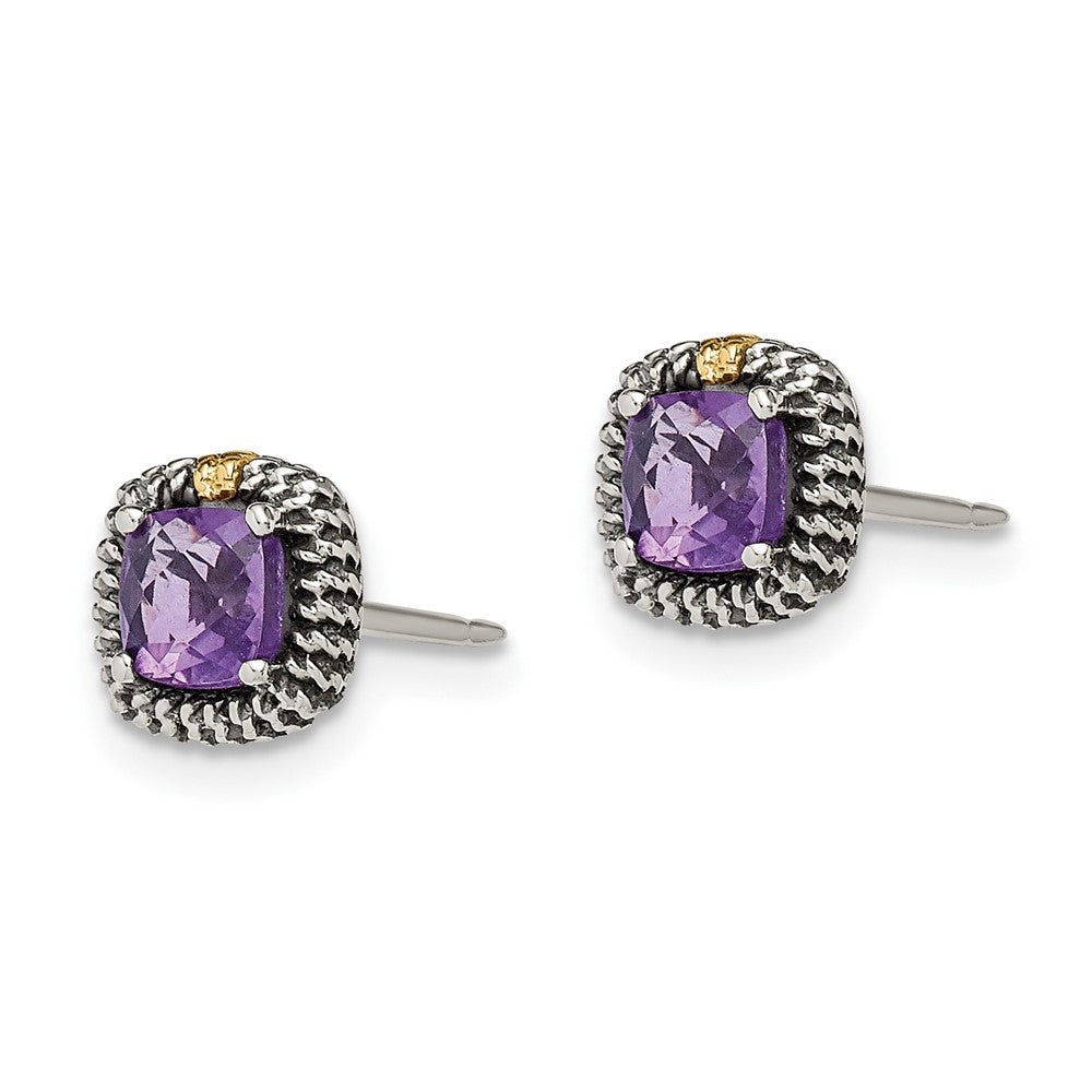 QTC1260 Shey Couture Sterling Silver with 14K Accent Antiqued Cushion-cut Amethyst Post Earrings