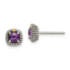 QTC1260 Shey Couture Sterling Silver with 14K Accent Antiqued Cushion-cut Amethyst Post Earrings