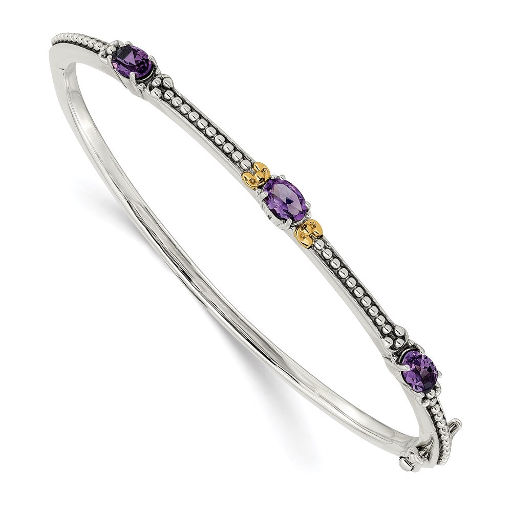 Shey Couture Sterling Silver with 14K Accent Antiqued Oval Amethyst Hinged Bangle QTC1277
