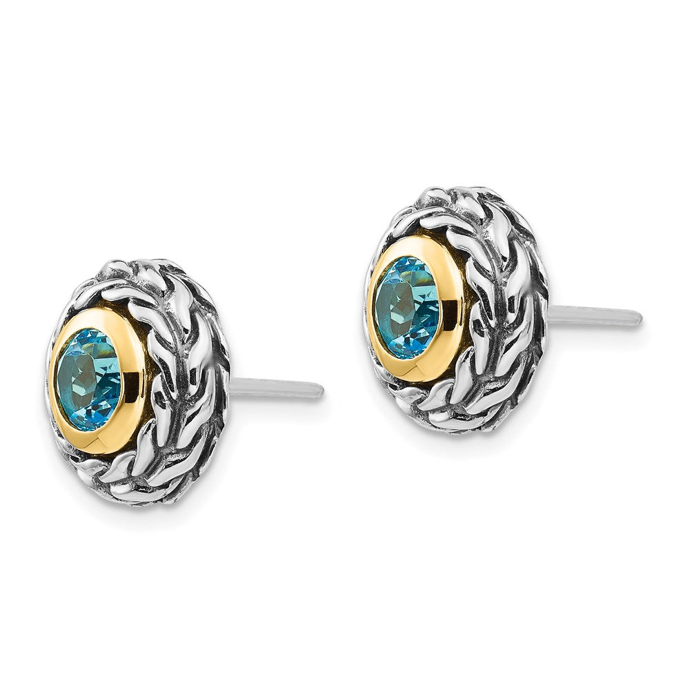 QTC1306 Shey Couture Sterling Silver with 14K Accent Antiqued Round Bezel Light Swiss Blue Topaz Post Earrings