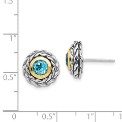 QTC1306 Shey Couture Sterling Silver with 14K Accent Antiqued Round Bezel Light Swiss Blue Topaz Post Earrings