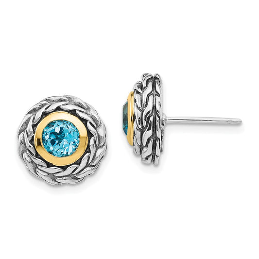 QTC1306 Shey Couture Sterling Silver with 14K Accent Antiqued Round Bezel Light Swiss Blue Topaz Post Earrings