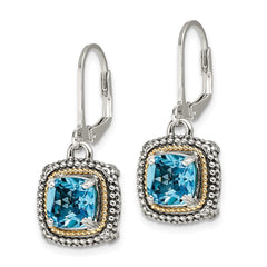 QTC1327 Shey Couture Sterling Silver with 14K Accent Antiqued Cushion Light Swiss Blue Topaz Leverback Dangle Earrings