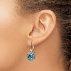 QTC1327 Shey Couture Sterling Silver with 14K Accent Antiqued Cushion Light Swiss Blue Topaz Leverback Dangle Earrings