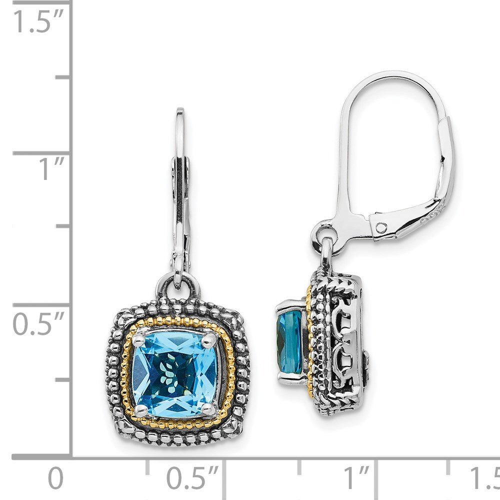 QTC1327 Shey Couture Sterling Silver with 14K Accent Antiqued Cushion Light Swiss Blue Topaz Leverback Dangle Earrings